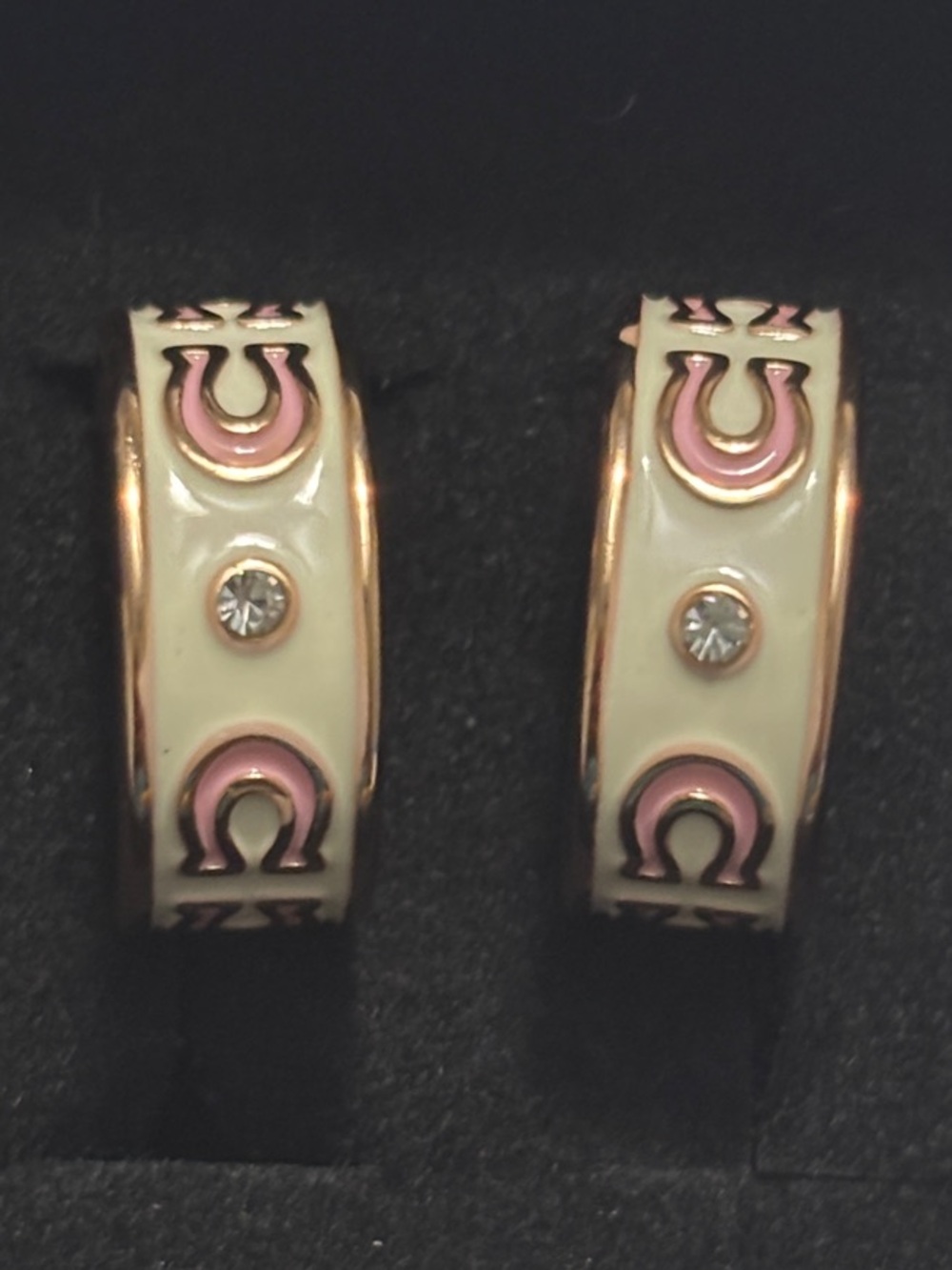 Coach Cream and Pink Enamel Hoop Earrings with Crystal Accents